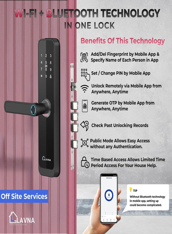 LAVNA Smart Wi-Fi Door Lock | 7 Way Unlock | Fingerprint, Mobile App, WiFi + Bluetooth, RFID Card, OTP, PIN and Manual Key Access with 5 Bolts for Wooden Doors (LA8) (WiFi) - Image 2